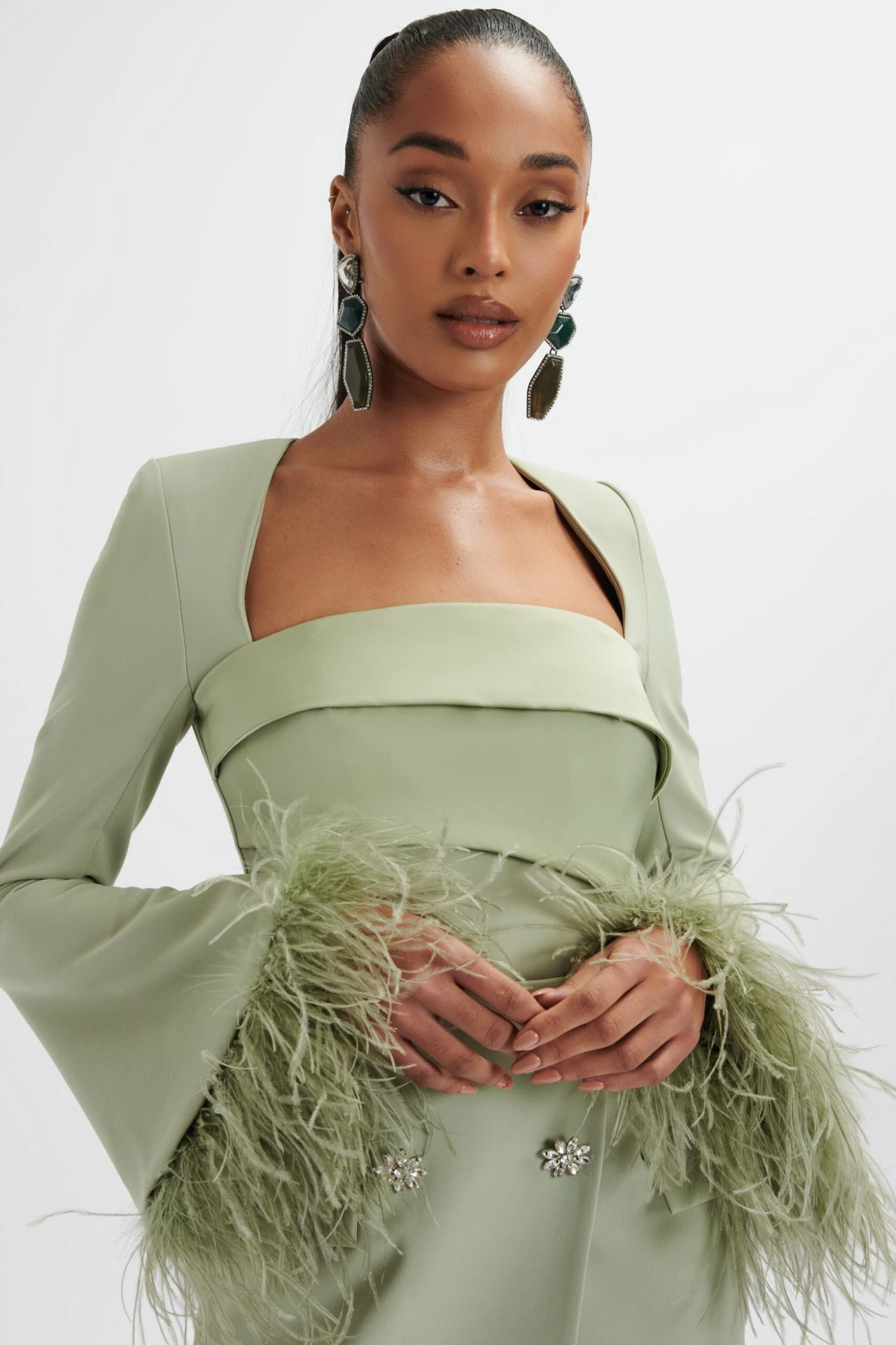 IONA Fluted Feather Sleeve Blazer Dress In Sage Green 4 IONA Fluted Feather Sleeve Blazer Dress In Sage Green - Image 2