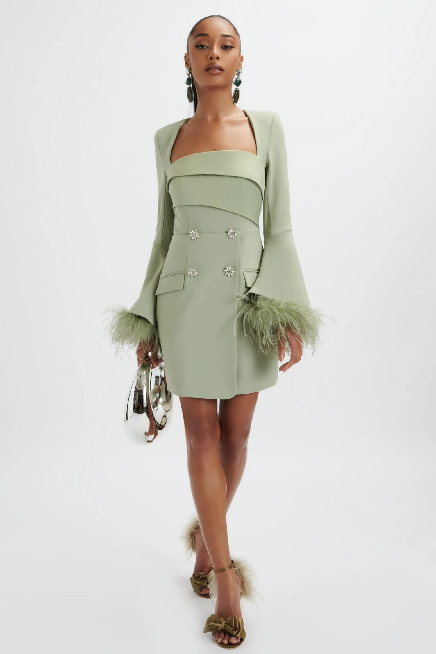 IONA Fluted Feather Sleeve Blazer Dress In Sage Green 6 IONA Fluted Feather Sleeve Blazer Dress In Sage Green - Image 4