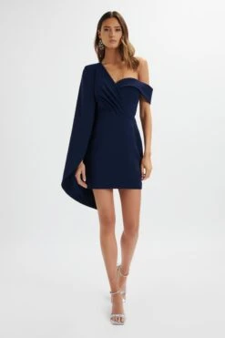 AIZA Asymmetric Cape Mini Dress In Navy -Lavish Alice LA 271DS06 NVY 5113