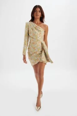 SUKI One Shoulder Wrap Mini Dress In Floral Brocade