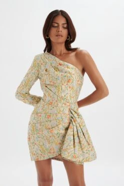 SUKI One Shoulder Wrap Mini Dress In Floral Brocade -Lavish Alice LA 271DS07 BEI 0358