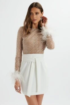 MEDINA Pearl Embellished Feather Cuff Mini Dress In White -Lavish Alice LA 271DS08A WHT 6339