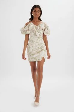 CARRIE Bonded Satin Bardot Mini Dress In Green Porcelain Print -Lavish Alice LA 271DS09 WHT 0828