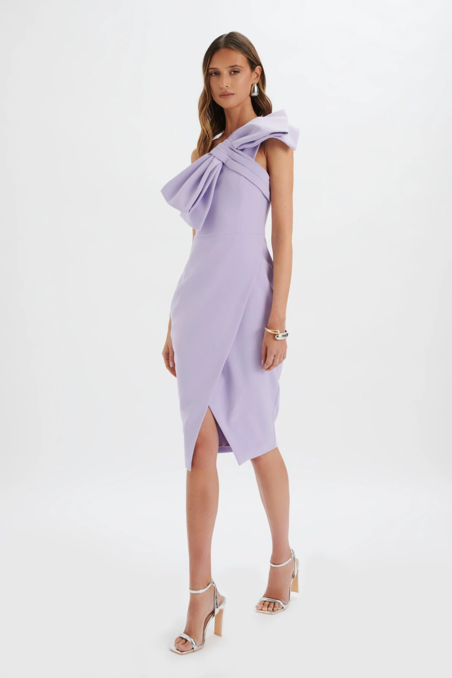 CAMERON One Shoulder Statement Bow Midi Dress In Lilac 4 CAMERON One Shoulder Statement Bow Midi Dress In Lilac - Image 2