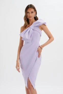 CAMERON One Shoulder Statement Bow Midi Dress In Lilac