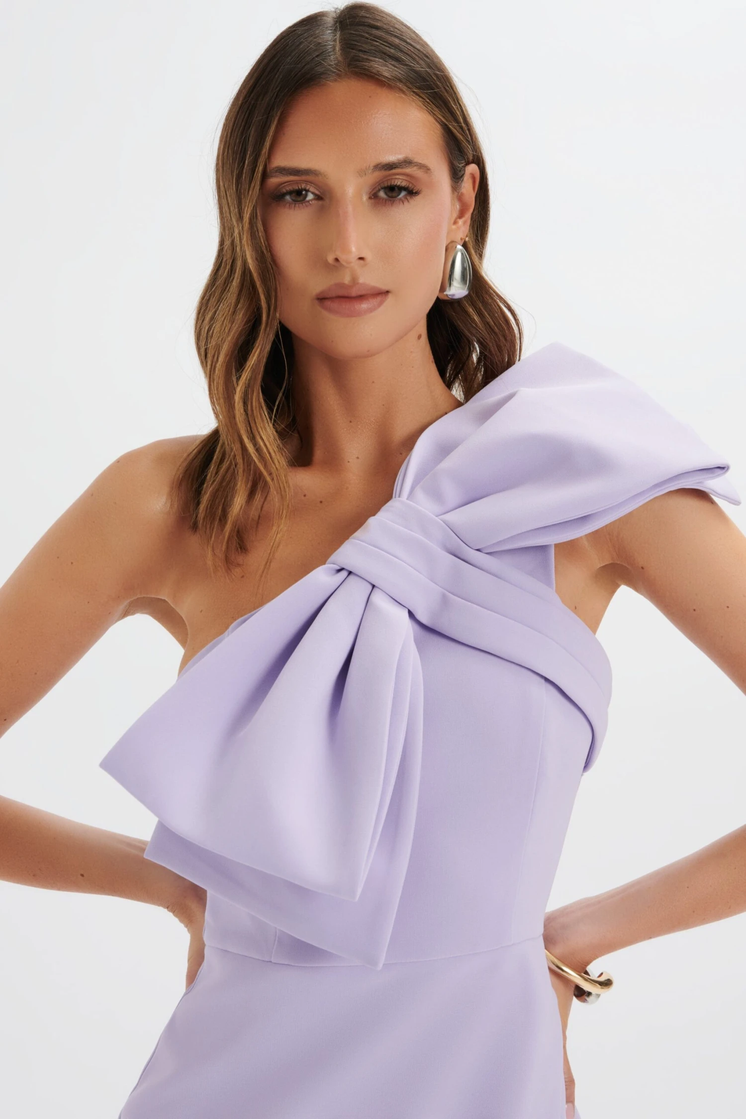 CAMERON One Shoulder Statement Bow Midi Dress In Lilac 5 CAMERON One Shoulder Statement Bow Midi Dress In Lilac - Image 3
