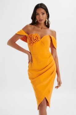 ZAMIRA 3D Flower Detail Off Shoulder Midi Dress In Orange -Lavish Alice LA 271DS15 ORN R 7910