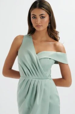 MAJA One Shoulder Pleated Bonded Satin Midi Dress In Sage Green -Lavish Alice LA 271DS28 GRN 4434