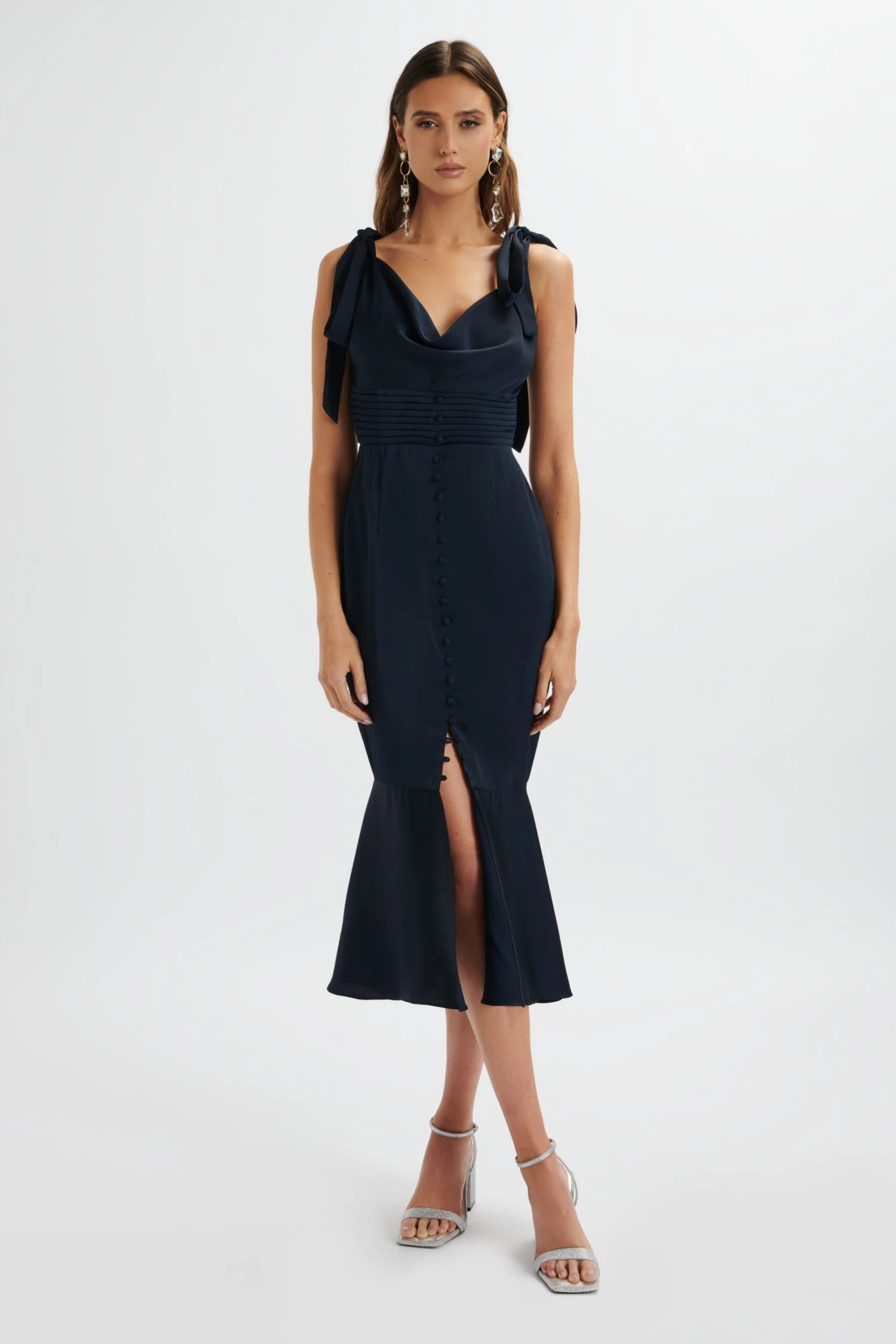 INDIE Satin Cowl Neck Micro Button Longline Midi Dress In Navy 5 INDIE Satin Cowl Neck Micro Button Longline Midi Dress In Navy - Image 3
