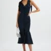 INDIE Satin Cowl Neck Micro Button Longline Midi Dress In Navy -Lavish Alice LA 271DS36 NVY 5702