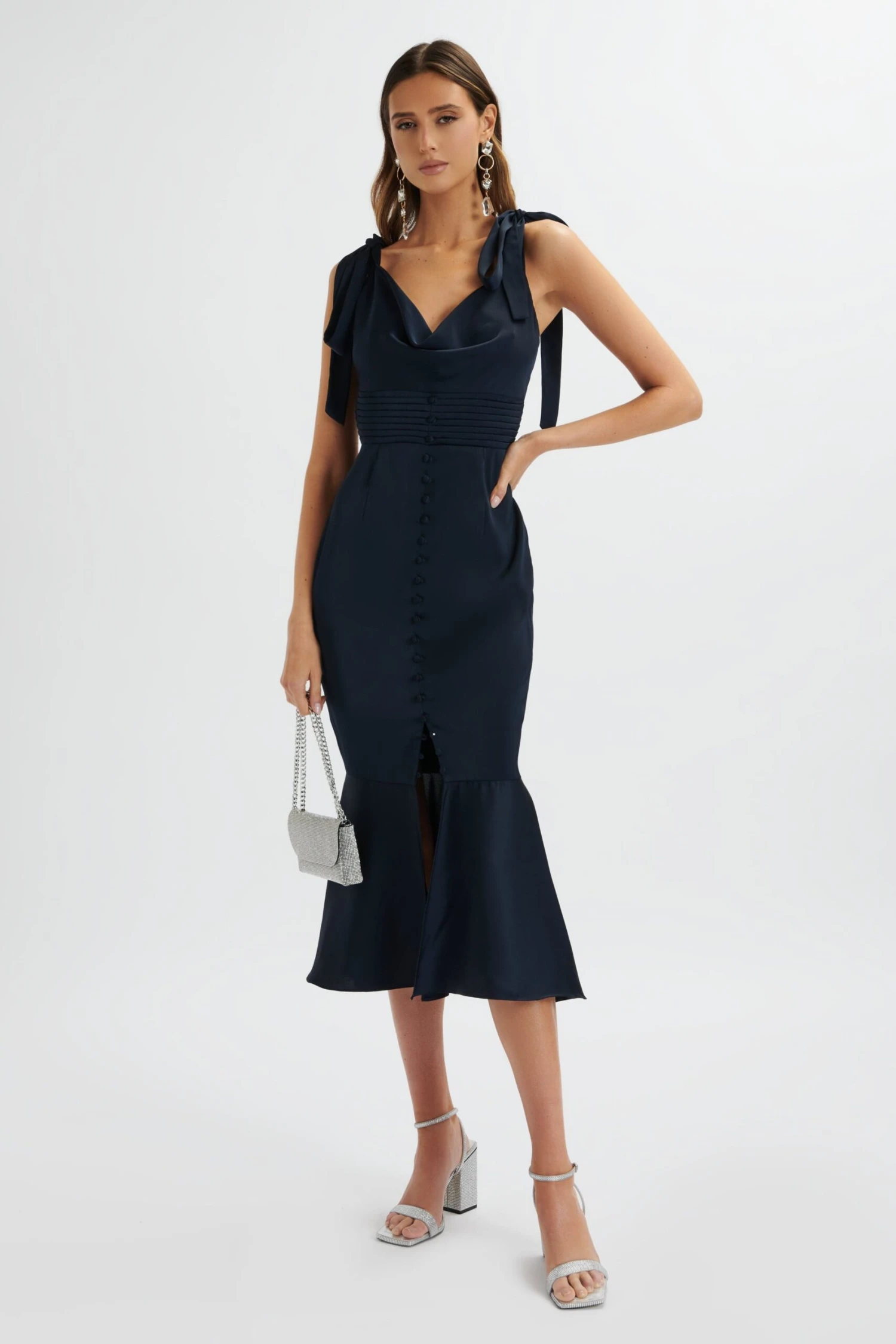 INDIE Satin Cowl Neck Micro Button Longline Midi Dress In Navy 3 INDIE Satin Cowl Neck Micro Button Longline Midi Dress In Navy