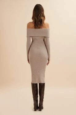 SUNDAY Knitted Rib Bardot Midi Dress In Beige -Lavish Alice LA 271KN01 BEI 8149