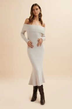 CLOVER Knitted Wool Bardot Midi Dress In Stone -Lavish Alice LA 271KN02 STO 7924