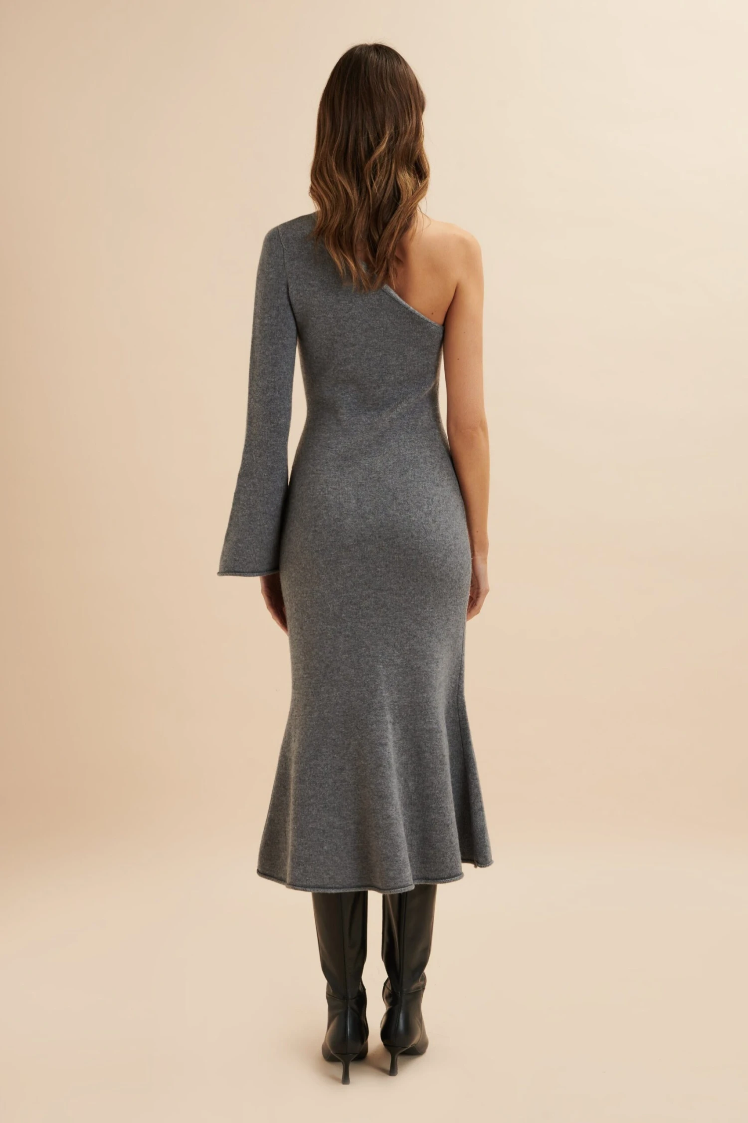 HUDA Knitted Asymmetric Fit & Flare Midi Dress In Grey 6 HUDA Knitted Asymmetric Fit & Flare Midi Dress In Grey - Image 4