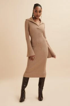 KAYA Knitted Ribbed Collar Midi Dress In Camel -Lavish Alice LA 271KN07 CML 2881