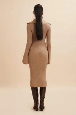KAYA Knitted Ribbed Collar Midi Dress In Camel -Lavish Alice LA 271KN07 CML 2921