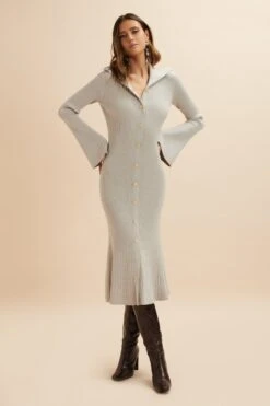 PARKER Knitted Ribbed Fit & Flare Collared Dress In Stone -Lavish Alice LA 271KN08 STO 7997