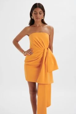 SHAKIRA Bandeau Half Bow Drape Midi Dress In Apricot