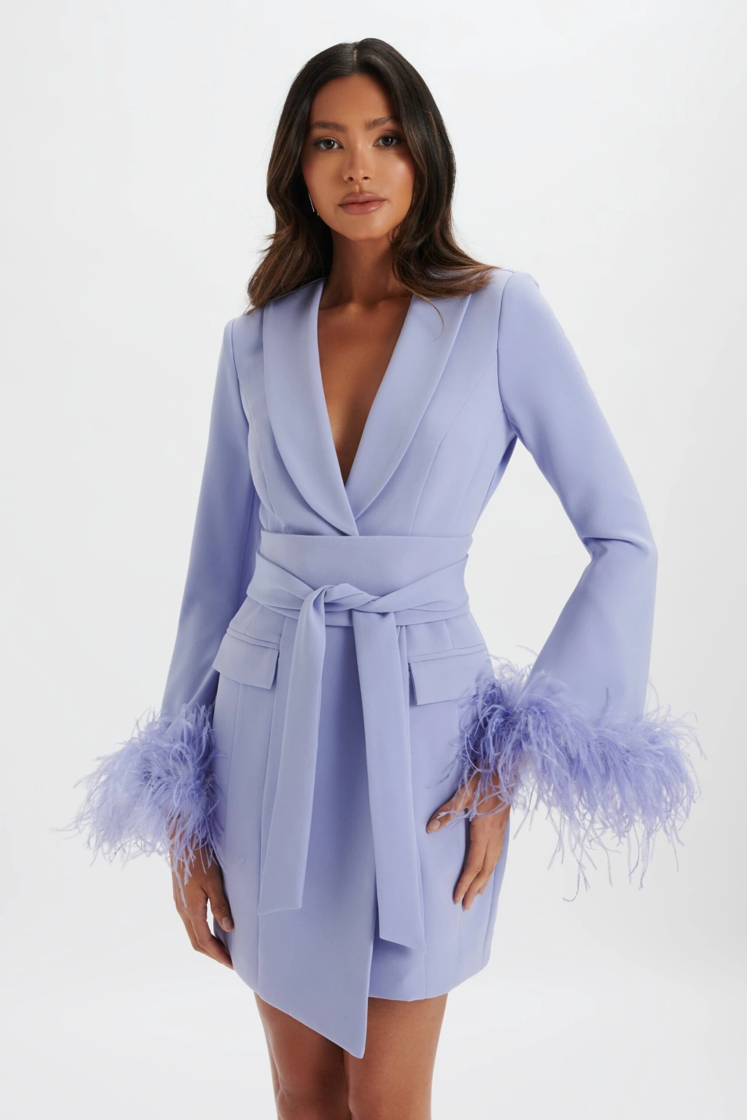 NIKOLA Feather Cuff Blazer Dress In Cornflower Blue 5 NIKOLA Feather Cuff Blazer Dress In Cornflower Blue - Image 3
