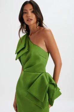 BLOOM One Shoulder Bow Detail Satin Midi Dress In Green -Lavish Alice LA 272DS16 GRN R 7995