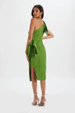 BLOOM One Shoulder Bow Detail Satin Midi Dress In Green -Lavish Alice LA 272DS16 GRN R 8005