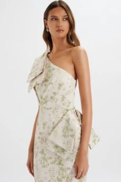 BLOOM One Shoulder Bow Detail Satin Midi Dress In Green Porcelain Print -Lavish Alice LA 272DS16A WHT 0426
