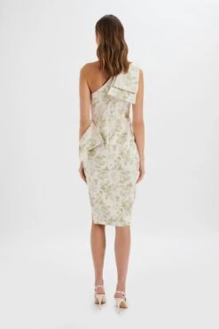 BLOOM One Shoulder Bow Detail Satin Midi Dress In Green Porcelain Print -Lavish Alice LA 272DS16A WHT 0441
