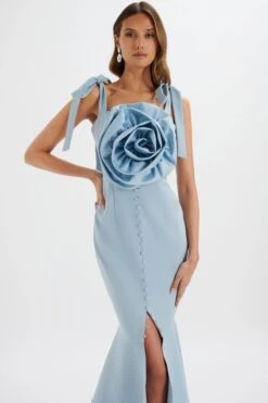 AUGUST Flower Detail Tie Strap Micro Button Midi Dress In Cornflower Blue -Lavish Alice LA 272DS18 BLU 1176