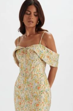 AMIA Bardot Sleeve Midi Dress In Floral Jacquard