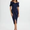 HARLEEN Draped Bardot Bonded Satin Midi Dress In Navy -Lavish Alice LA 272DS20 NVY 7800