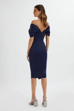 HARLEEN Draped Bardot Bonded Satin Midi Dress In Navy -Lavish Alice LA 272DS20 NVY 7838