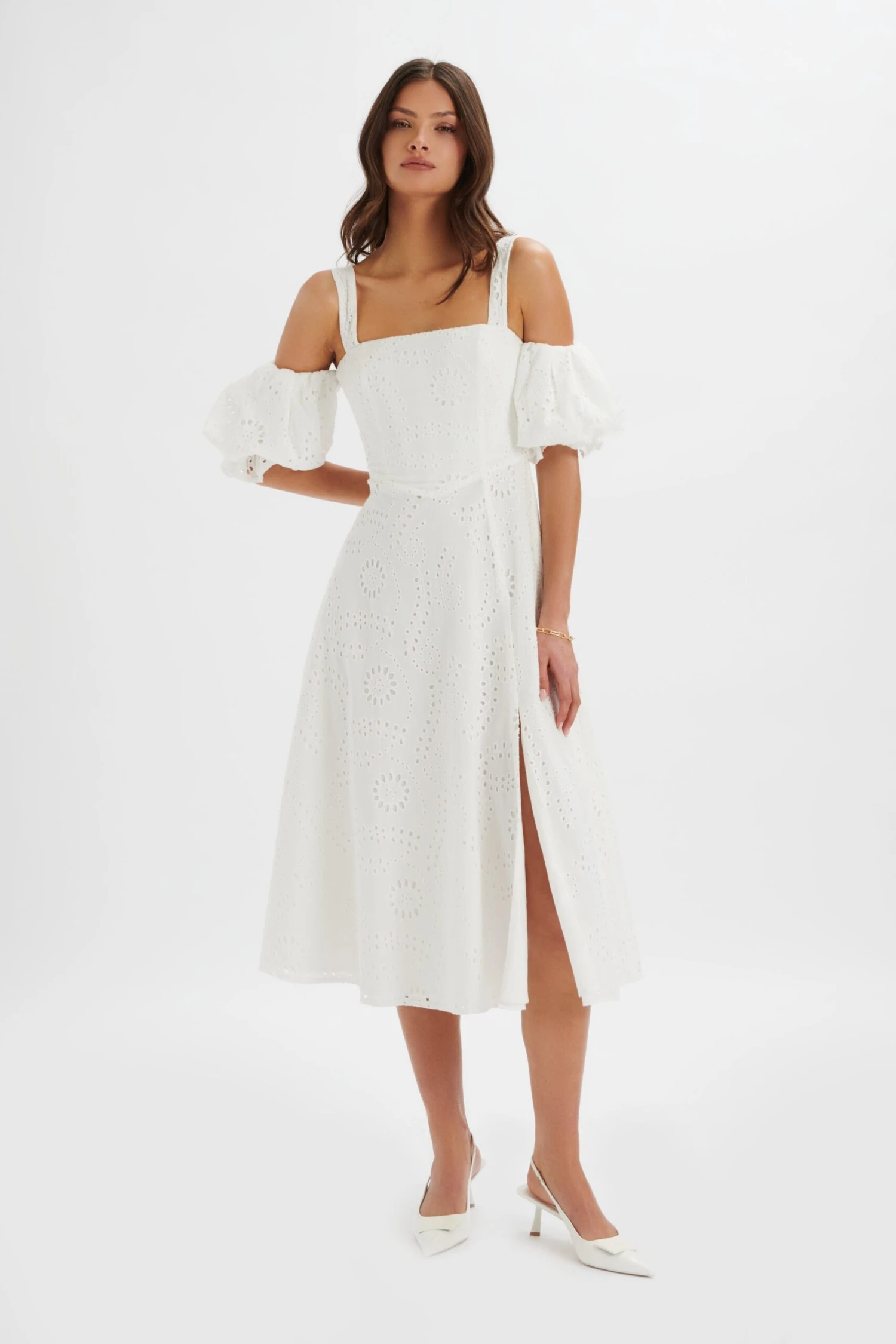 CHARLI Off Shoulder Broderie Dress In White 3 CHARLI Off Shoulder Broderie Dress In White