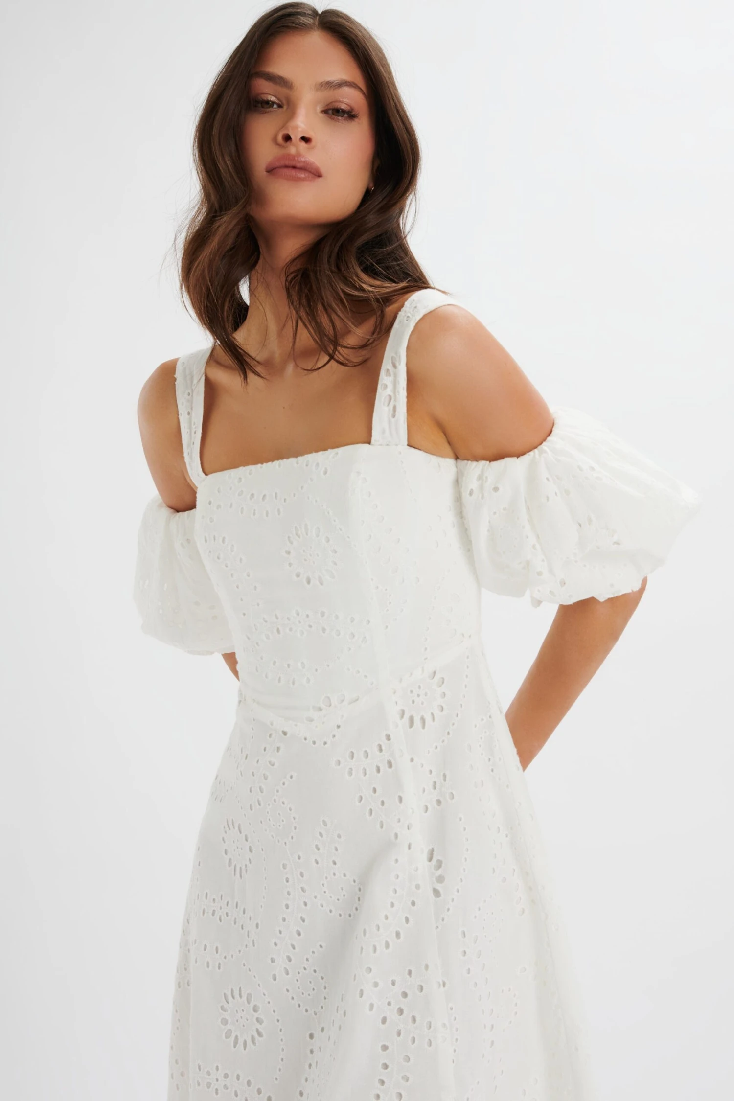 CHARLI Off Shoulder Broderie Dress In White 5 CHARLI Off Shoulder Broderie Dress In White - Image 3