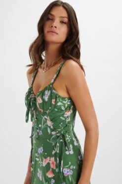 ROSEY Gathered Longline Dress In Green Floral Print