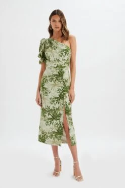 Lavish Alice 5 NAKIA Asymmetric Puff Sleeve Midi Dress In Botanical Print