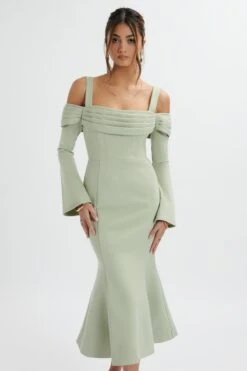 SIA Ponte Pleated Cowl Longline Midi Dress In Sage Green -Lavish Alice LA 272DS42 GRN 6555
