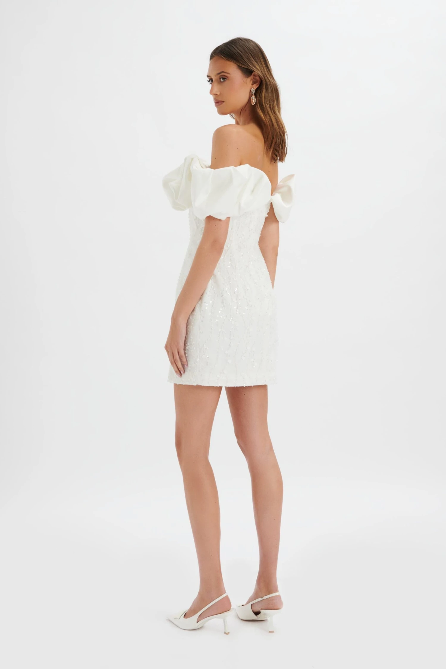 MARCIA 3D Embroidered Satin Puff Mini Dress In White 6 MARCIA 3D Embroidered Satin Puff Mini Dress In White - Image 4