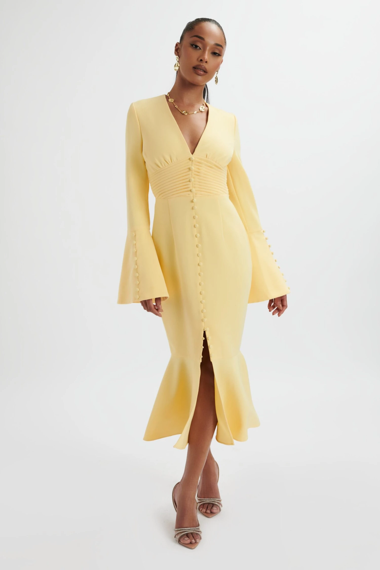 **PRE-ORDER** SALMA Fluted Sleeve Longline Fishtail Midi Dress In Yellow 5 **PRE-ORDER** SALMA Fluted Sleeve Longline Fishtail Midi Dress In Yellow - Image 3