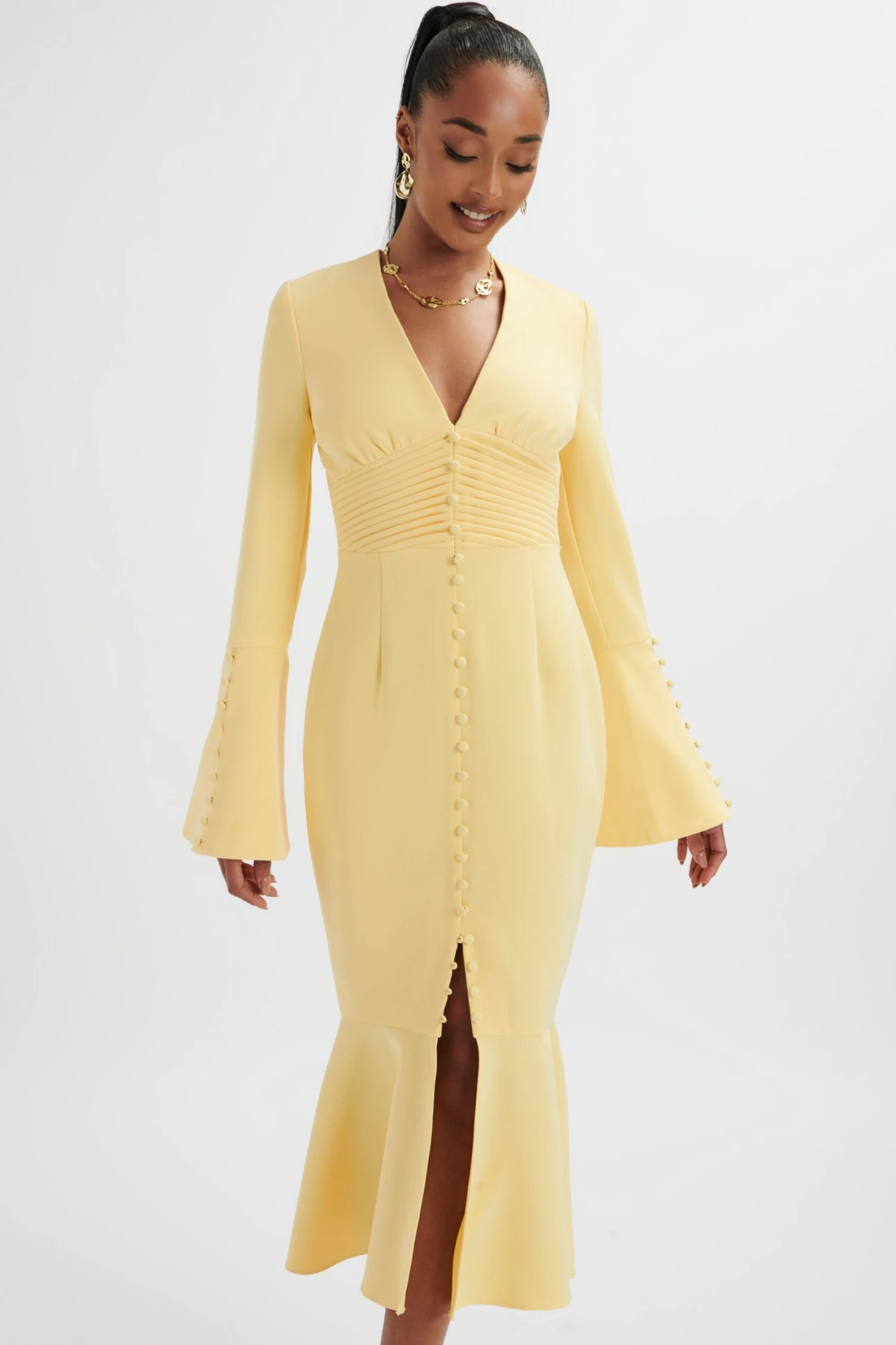**PRE-ORDER** SALMA Fluted Sleeve Longline Fishtail Midi Dress In Yellow 4 **PRE-ORDER** SALMA Fluted Sleeve Longline Fishtail Midi Dress In Yellow - Image 2