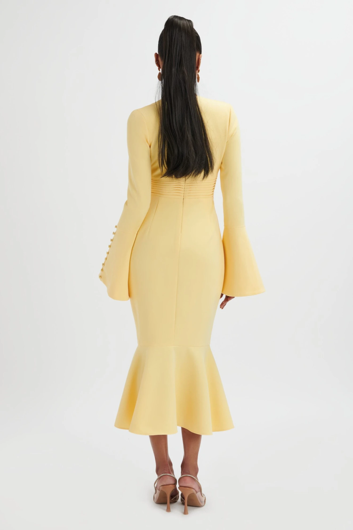 **PRE-ORDER** SALMA Fluted Sleeve Longline Fishtail Midi Dress In Yellow 6 **PRE-ORDER** SALMA Fluted Sleeve Longline Fishtail Midi Dress In Yellow - Image 4