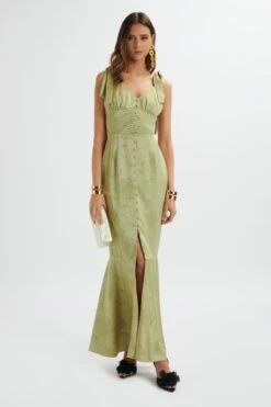 KAMILA Tie Strap Micro Button Satin Maxi Dress In Green Floral -Lavish Alice LA 272DS66 GRN 6468