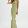 KAMILA Tie Strap Micro Button Satin Maxi Dress In Green Floral -Lavish Alice LA 272DS66 GRN 6496