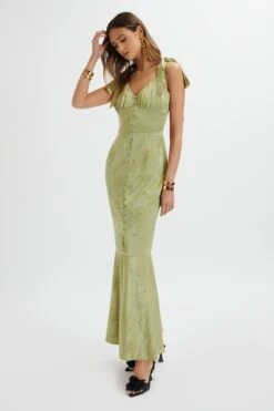 KAMILA Tie Strap Micro Button Satin Maxi Dress In Green Floral