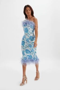 SAMI Feather Bandeau Midi Dress In White And Blue Rose Sequin