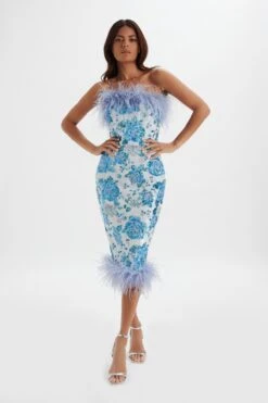 SAMI Feather Bandeau Midi Dress In White And Blue Rose Sequin -Lavish Alice LA 272DS69 BLU 1569