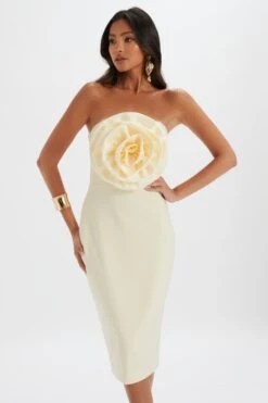 BELLE 3D Flower Bandeau Midi Dress In Champagne