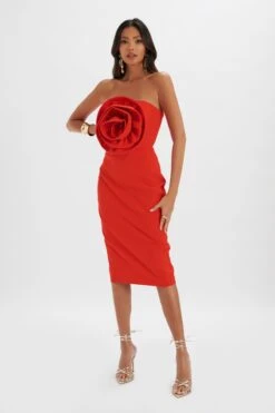 BELLE 3D Flower Bandeau Midi Dress In Red -Lavish Alice LA 272DS71A RED R 7646