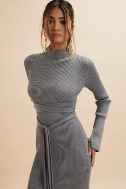 ROMI Knitted Ribbed Open Back Sleeved Midi Dress In Grey -Lavish Alice LA 272DS80 GRY 7895