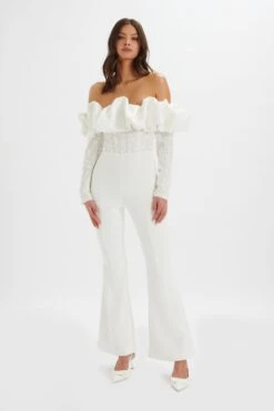 TALLULAH 3D Embroidered Satin Puff Jumpsuit In White -Lavish Alice LA 272JS56 WHT 1452
