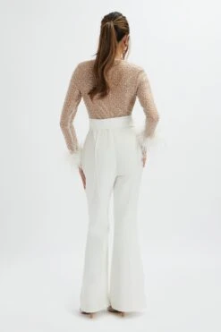 RAISA Pearl Embellished Feather Cuff Jumpsuit In White -Lavish Alice LA 272JS68 WHT 6286